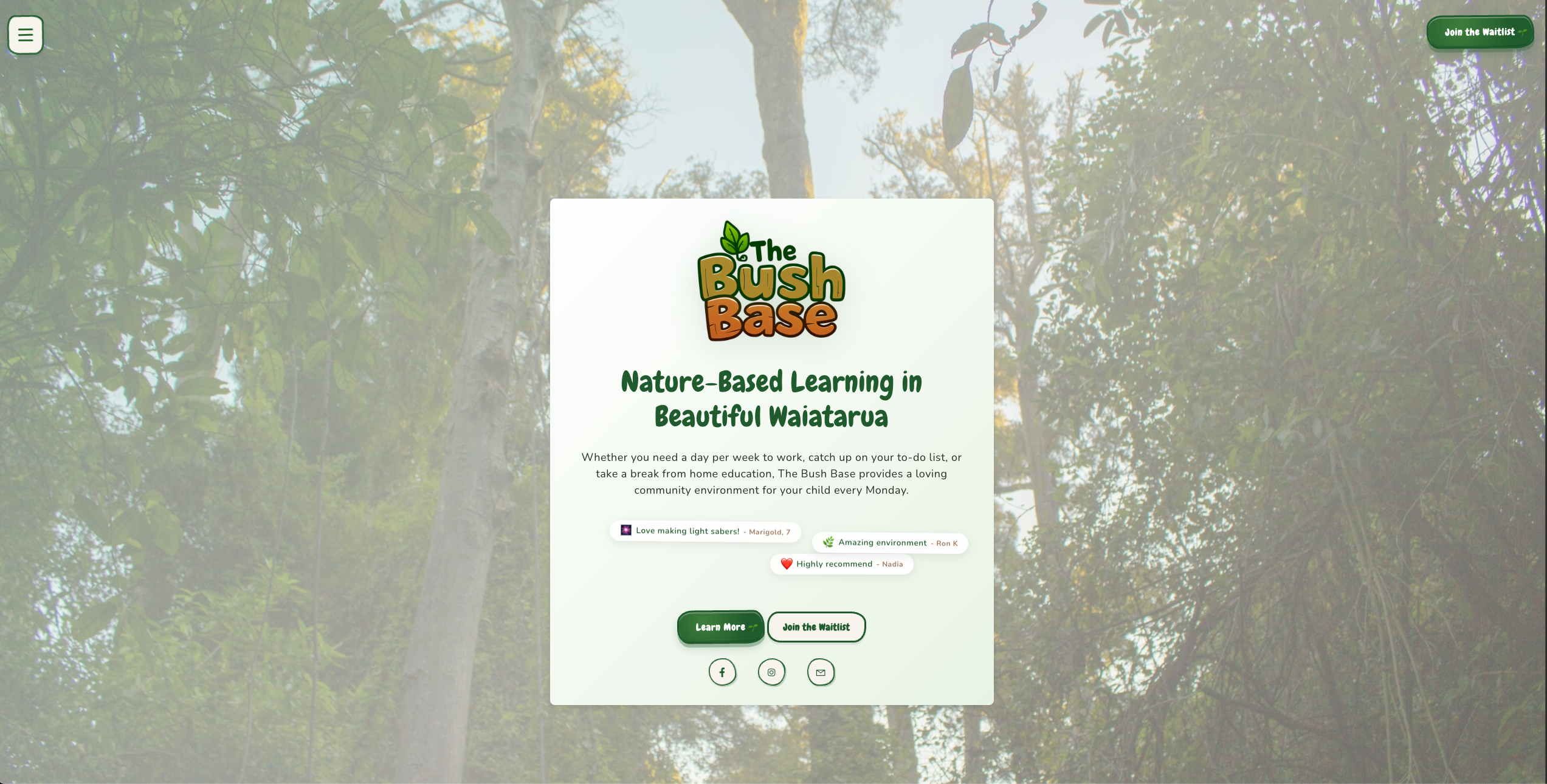 The Bush Base nature-based childcare program overview showing outdoor learning environment